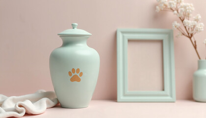 Wall Mural - Pet urn with paw print on minimalist pink background