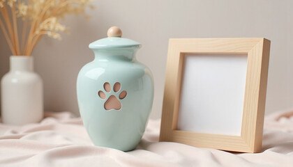 Wall Mural - Pet urn with paw print next to a wooden picture frame