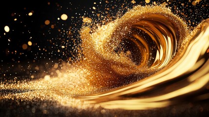 Poster - Sparkling Golden Wave of Dust and Glitter Flowing in the Light of a Dark Background