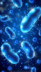 Poster - Blue Abstract Background With Bokeh Effect Of Bacteria And Viruses, Healthcare And Science Concept