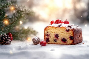 Wall Mural - Rich Fruit Christmas Cake in front of a tree on light background with copy space horizontal