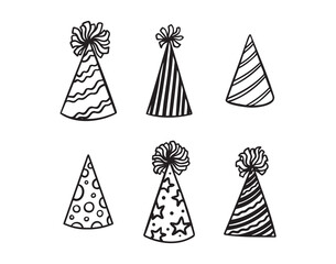 Wall Mural - Festive party hats hand drawn doodle funny set. Party hats drawing outline elements set.