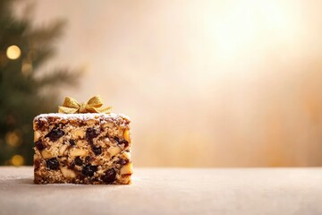 Wall Mural - Rich Fruit Christmas Cake in front of a tree on light background with copy space horizontal 