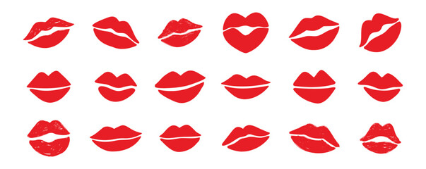 Wall Mural - lips kiss clipart. lips kiss hand drawn silhouette symbols. Decor red lips cartoon drawing elements set