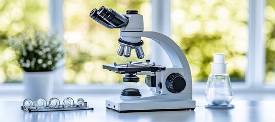 Poster - Research Laboratory Equipment Microscope, Specimen Slides, with Natural Light Background.