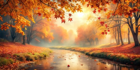 Wall Mural - Autumnal Stream Meandering Through a Misty Golden Forest, Sunlit Leaves and Calm Water