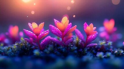 Wall Mural - A close up of a field of pink flowers with a blue sky in the background