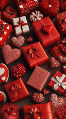 Poster - Romantic Valentine's scene featuring red gift boxes and hearts, symbolizing affection and connection between lovers