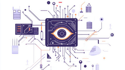 Poster - Modern tech innovation outline icon with robot eye and computer motherboard tracks. biometric scanner technology, artificial intelligence and computer vision thin line vector sign with cyborg eyeball