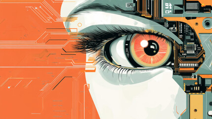 Poster - Modern tech innovation outline icon with robot eye and computer motherboard tracks. biometric scanner technology, artificial intelligence and computer vision thin line vector sign with cyborg eyeball