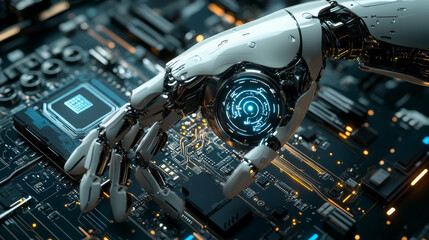 Poster - Modern tech innovation outline icon with robot eye and computer motherboard tracks. biometric scanner technology, artificial intelligence and computer vision thin line vector sign with cyborg eyeball