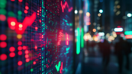 Poster - Stock exchange board arrows. Stock exchange broker sell and buy bids or bank wall electronic screen, financial investments vector background with screen red and green pixels up and down arrows