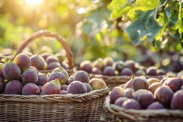 Wall Mural - Harvest of ripe figs collected in baskets, agribusiness concept, organic healthy food and non-GMO fruits 