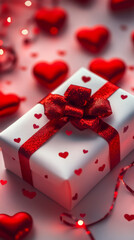 Poster - White gift box decorated with red ribbon and hearts celebrating Valentine's Day with romantic lights