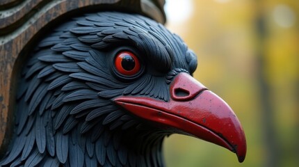 Close-up of a meticulously carved bird sculpture, showcasing detailed feathers and a vibrant red beak against a blurred autumnal background.