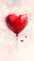 Poster - Watercolor red heart-shaped balloon floating upward against soft pink backdrop, symbolizing romantic sentiment