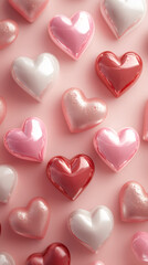 Poster - Glossy hearts in red, pink, white cascading across pastel pink surface, forming romantic composition for love-themed design