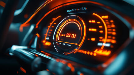 Poster - Futuristic car speedometer gauge dial, vector car dashboard LED speed meter. Car speedometer with orange neon gauge for mph, fuel and engine or battery indicators, digital auto tachometer panel