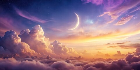 Wall Mural - celestial sunset a dreamlike view of the crescent moon above a sea of clouds and stars