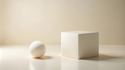 Sticker - Minimalist studio shot of a smooth sphere and a cube on a neutral backdrop