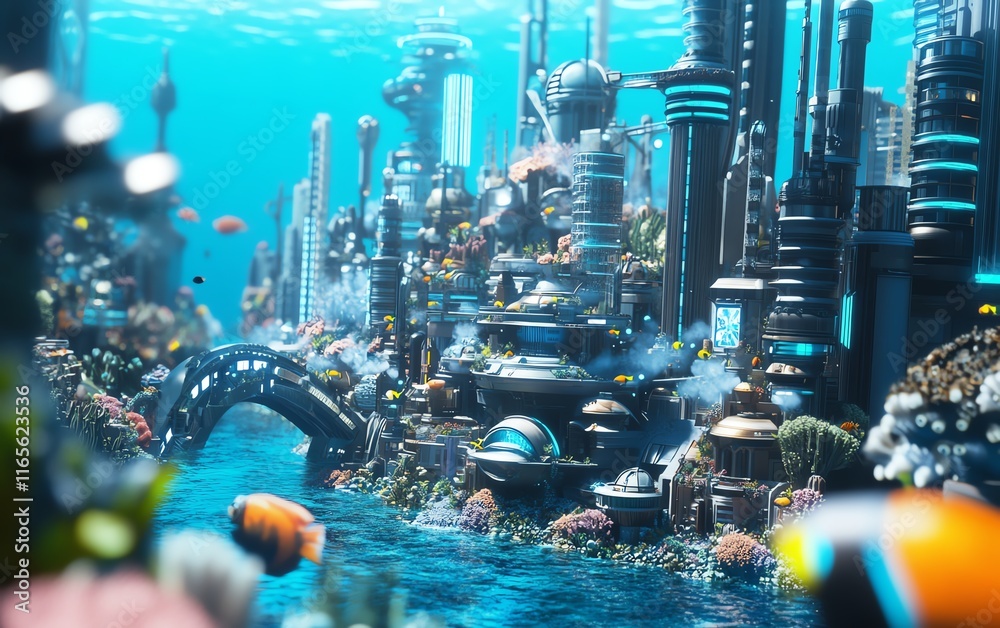 Futuristic underwater city thriving amidst vibrant coral reefs and ...