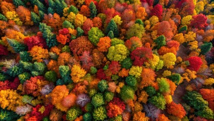 Wall Mural - Aerial View of a Vibrant Autumn Forest Canopy Showing a Rich Tapestry of Colors