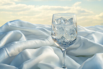 Wall Mural - Refreshing iced water in a glass against a serene, cloudy sky backdrop.