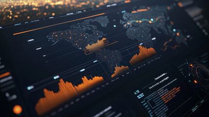 Poster - HUD hologram interface, earth digital map infographic charts and graphs, futuristic technology. HUD world earth data and controls on virtual screen vector dashboard, cyber future UI interface