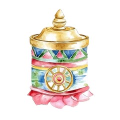 Wall Mural - Watercolor painting of a colorful ornate jar with a golden lid and a Dharmachakra symbol.