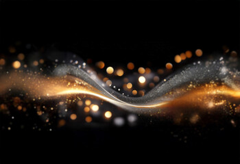 Aufkleber - Elegant, flowing gold and silver particles shimmer against a dark background, illuminated by soft bokeh lights.  A luxurious and ethereal abstract design.
