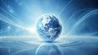 © Kukar Studio - A serene globe rests on a calm, reflective surface, surrounded by dynamic energy streams symbolizing global connectivity and technological advancement.