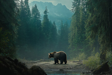 Wall Mural - A bear stands in a serene forest landscape, surrounded by towering trees and mountains.