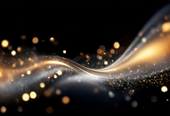 Aufkleber - Abstract image of a luminous wave, shimmering with gold and silver particles against a dark background.  The wave is dynamic and fluid, suggesting movement and energy.