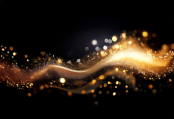Poster - A mesmerizing wave of golden particles flows across a black background, shimmering with light and creating a sense of ethereal elegance and movement.  The bokeh effect adds depth and luminosity.