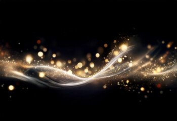 Poster - Elegant gold and white wave of light particles shimmer against a dark background, creating a luxurious and magical effect.  Sparkling bokeh adds depth and brilliance.