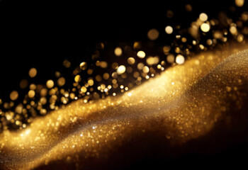 Poster - Golden glitter sparkles against a black background, creating a wave-like texture with shimmering bokeh lights.  The image evokes luxury and celebration.