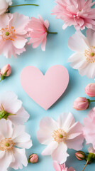 Poster - Pink heart shape surrounded by pink and white flowers and buds on a light blue wooden background for Valentine's Day