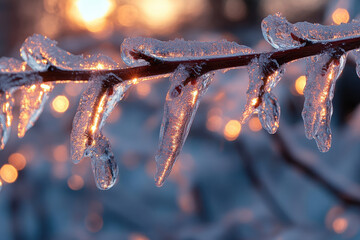 Canvas Print - A close-up of an icy branch glistening in sunlight, highlighting winter beauty.