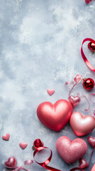 Poster - Valentine's Day background with pink hearts, red ribbons and christmas balls decorations forming a corner on gray background with copy space