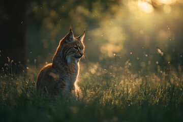 Wall Mural - A lynx sits gracefully in a sunlit meadow, surrounded by soft grass and glowing light.