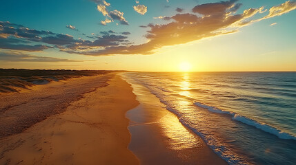 Poster - Serene beach scene at sunset with vibrant colors reflecting on the water