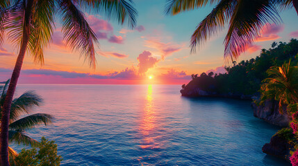 Poster - Vibrant sunset over ocean with palm trees silhouetted against colorful sky