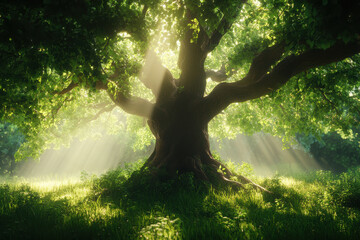 Wall Mural - A majestic tree surrounded by sunlight and greenery, creating a serene natural atmosphere.