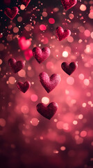 Poster - Red glitter hearts falling on a blurred pink background with bokeh effect, perfect for Valentine's Day projects