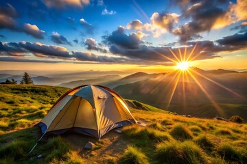 a tent is set up on a hill with the sun shining on it