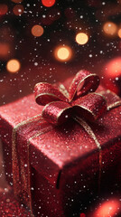 Poster - Luxurious red gift box adorned with golden ribbon, falling snow, twinkling Christmas lights creating festive romantic atmosphere