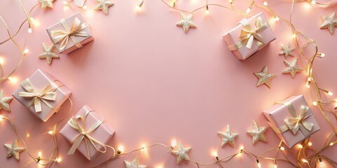 Wall Mural - Pink Background Festive Gift Presentation with Golden Accents and Lights