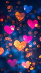 Poster - Colorful bokeh hearts floating against dark blue backdrop, creating romantic mood for love-themed graphic designs