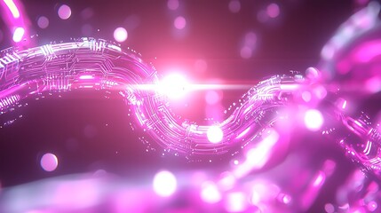 Poster - Abstract pink glowing wave with circuit board texture, bokeh background.