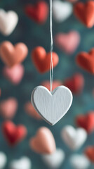 Poster - White wooden heart dangling on string, blurred colorful hearts background signaling romantic Valentine's Day mood